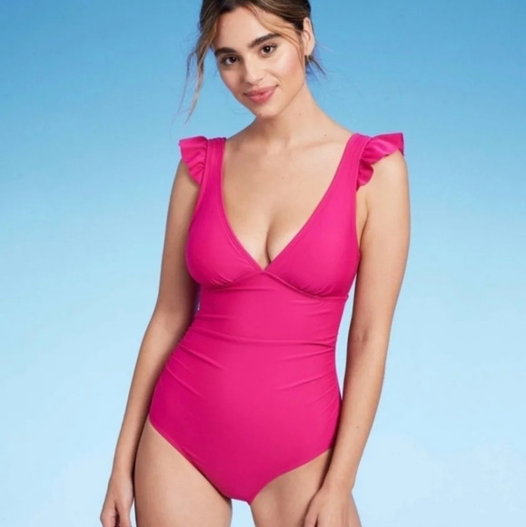 NWOT Kona Sol Women's Ruffle Shoulder High Coverage 1 PC Swimsuit L 12-14 - Picture 1 of 7